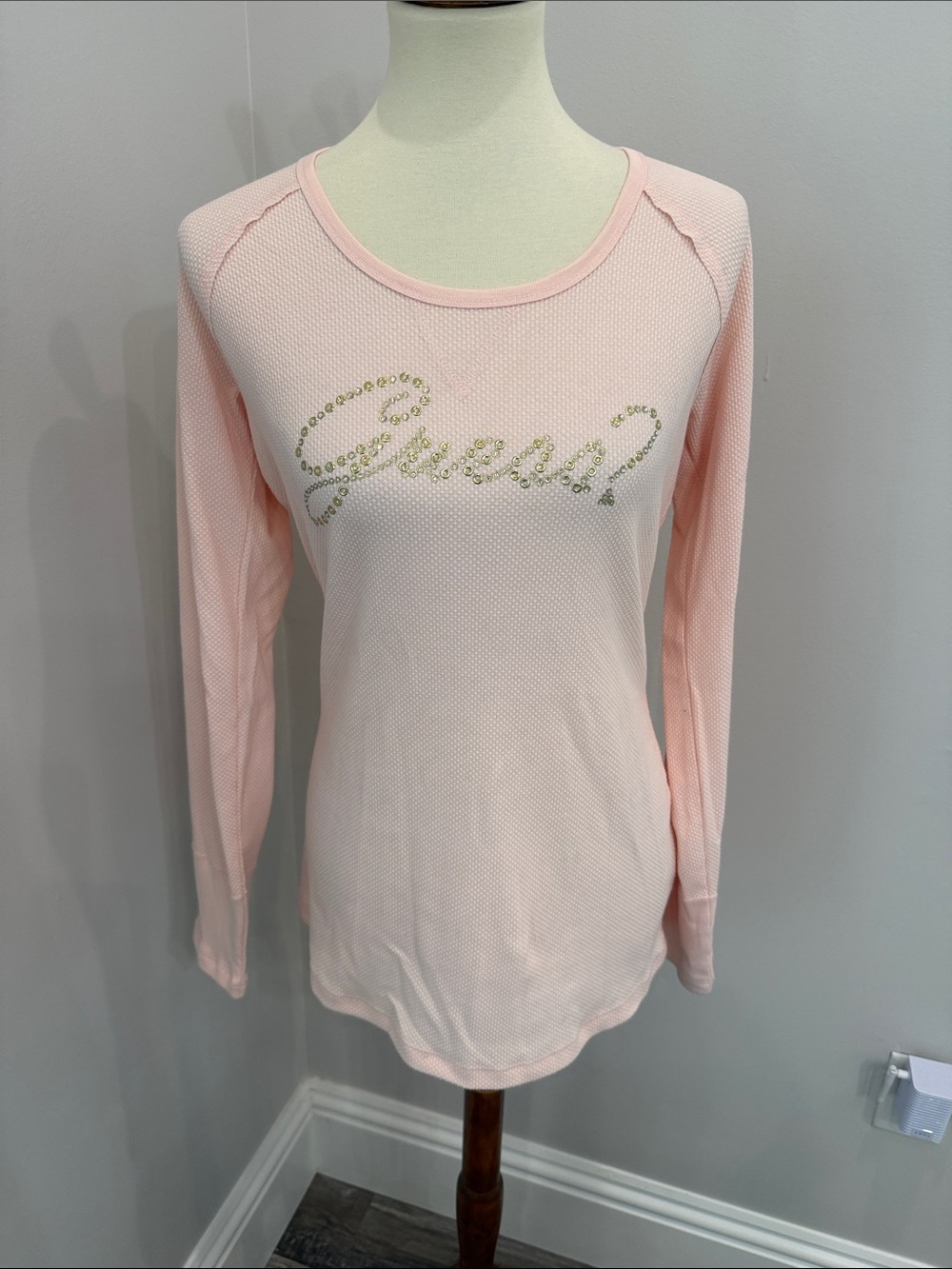 Guess Light Pink Long Sleeve Rhinestone Logo Top